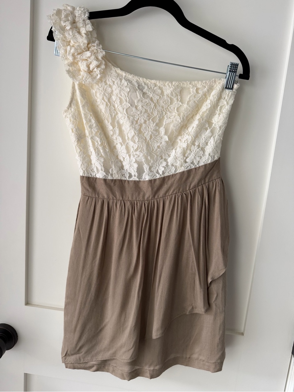 One-Shoulder Cream and Taupe Lace Dress